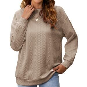 New Large Long Sleeve Cable Knit Textured Pullover Crewneck Tunic Sweatshirt